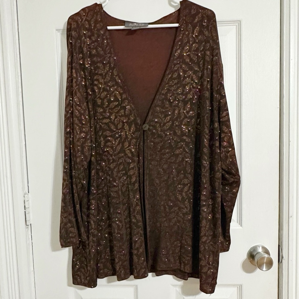 Lane Bryant Brown Metallic Leaf Print Cardigan 22/24 Plus Size Sparkle Knit - Picture 2 of 11